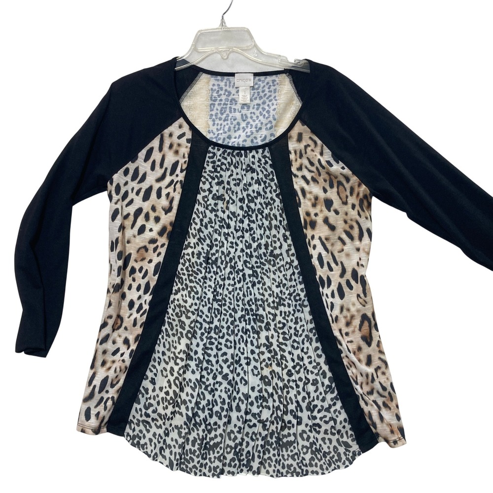 Chicos Mixed Animal Print Pleated Front Tunic Top Black Leopard Size 1 Medium